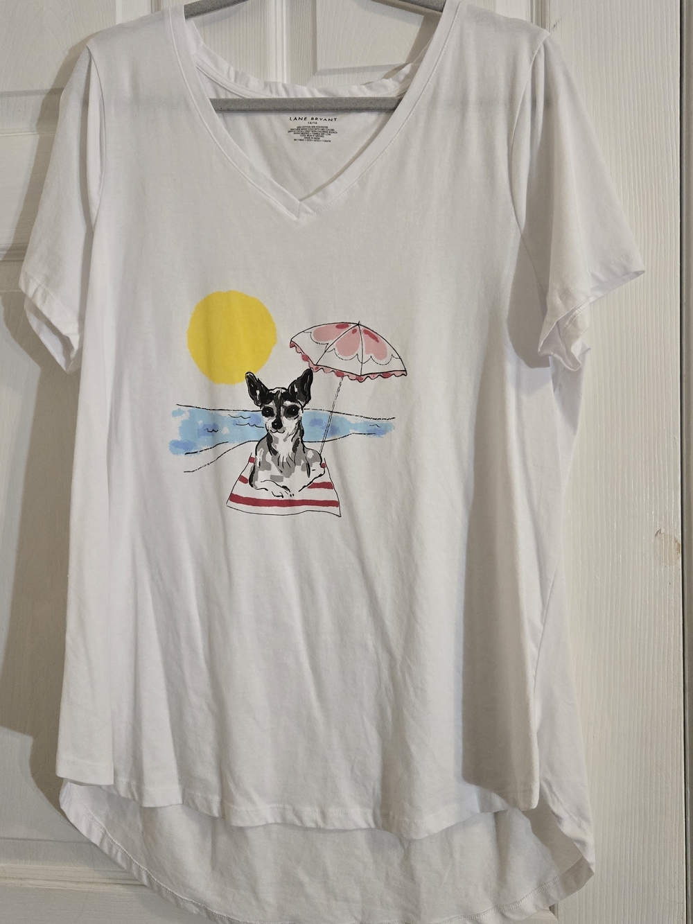 Lane Bryant White V-Neck Tee with Beach Dog Graphic